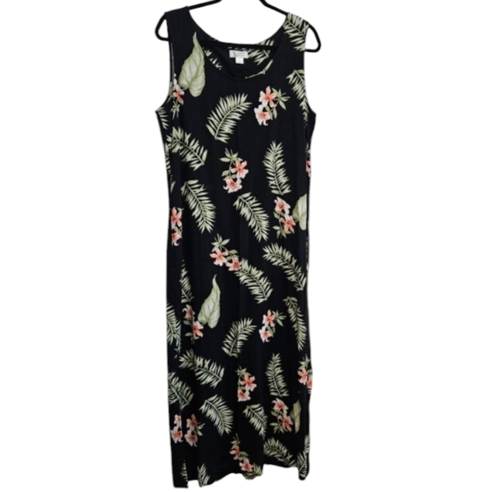 Vintage Dress Women's Size Large Floral Black Sleeveless Midi Y2k 2000s 90s